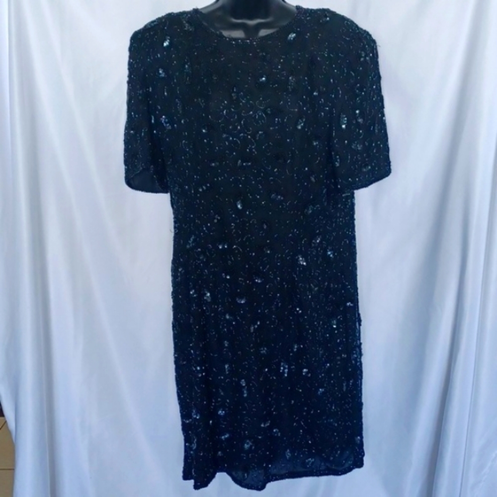 Stenay Vintage 100% Silk Fully Beaded Sequin Dress Gown Black Size xLarge